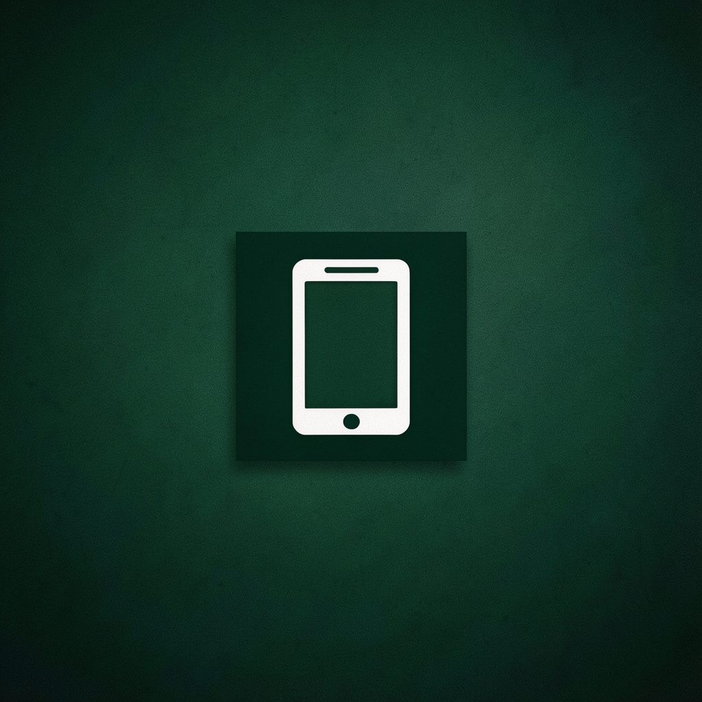 A small square emblem icon in dark green and white showing a simple abstract mobile device shape, flat and minimal
