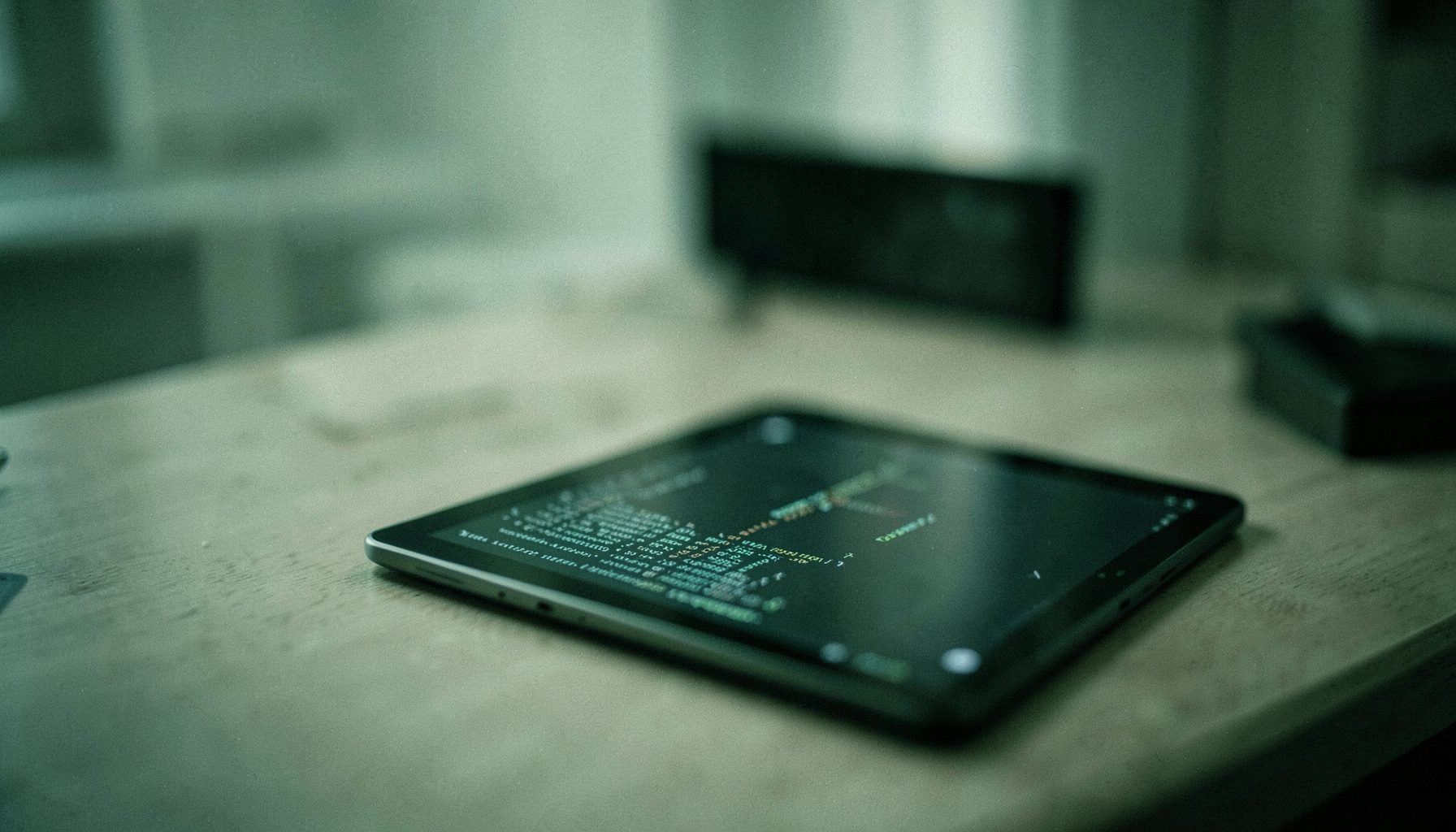 A wide, softly blurred desk scene with a tablet and lines of code on a screen, muted green and gray tones, calm and focused mood